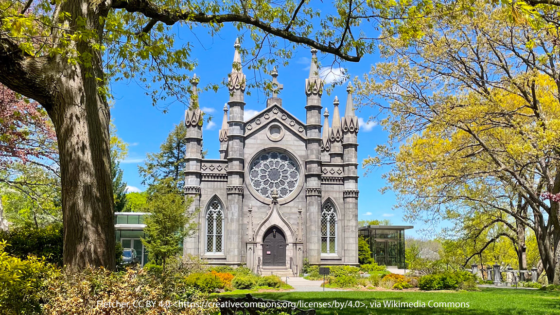 Photograph of Bigelow Chapel at Mount Auburn Cemetery, showcasing its Gothic Revival architecture and serene surroundings